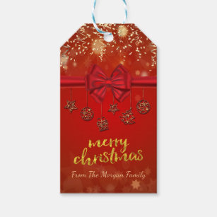 Merry Christmas,Gold Confetti,Red Bow,Ornaments  Gift Tags