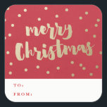 Merry Christmas Gold Confetti  Square Sticker<br><div class="desc">A festive red and gold Christmas gift tag with modern brush lettered merry Christmas message. Part of the Confetti Wonderland collection by Stacey Meacham found here...  https://www.zazzle.com/collections/confetti_wonderland-119260260182491022. Visit the Stacey Meacham store for coordinating items like photo cards,  envelopes,  return address labels,  gift tags and more.</div>
