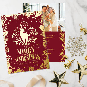 Merry Christmas Gold Deer Holly Family Photo   