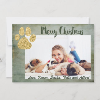 Merry Christmas Gold Dog Paw Holiday Card