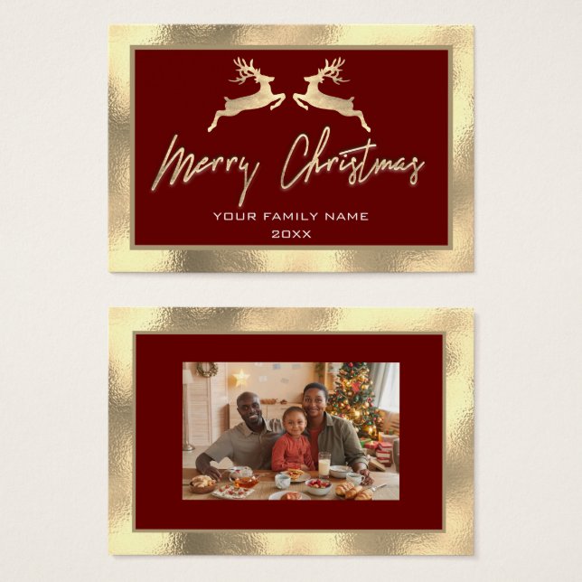 Merry Christmas Gold Family Photo Burgundy Deer (Front & Back)
