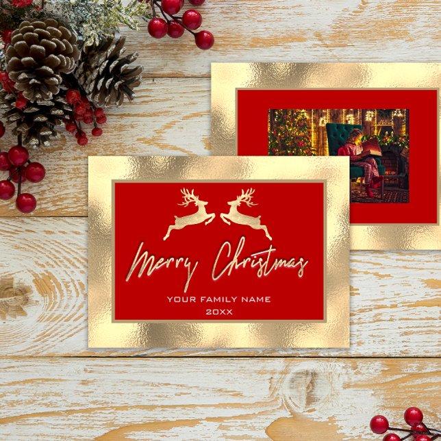 Merry Christmas Gold Family Photo Reindeer Red (Merry Christmas Gold Family Photo Reindeer Red)