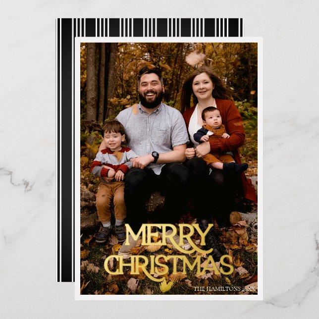 Merry Christmas Gold Foil Black & White Stripe (Front/Back)