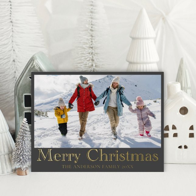 Merry Christmas Gold Foil Calligraphy & Photo Foil Holiday Postcard (Creator Uploaded)