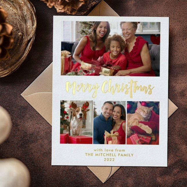 Merry Christmas | Gold Foil Multi Photo Grid Foil Holiday Postcard (A real, gold foil multi-photo Christmas card)