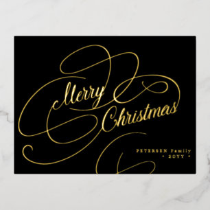 Merry Christmas gold foil script classic black Foil Holiday Postcard