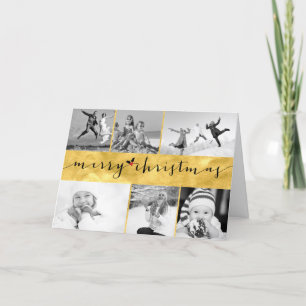 Merry Christmas Gold Foil Stylish 6 Photo Collage Holiday Card