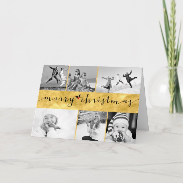 Merry Christmas Gold Foil Stylish 6 Photo Collage Holiday Card (Front)