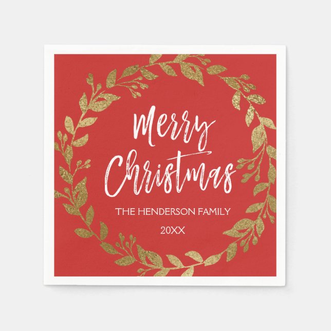 Merry Christmas Gold Foil Wreath with Name & Date Napkin (Front)
