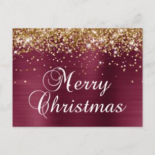 Merry Christmas Gold Glitter Burgundy Red Foil Holiday Postcard