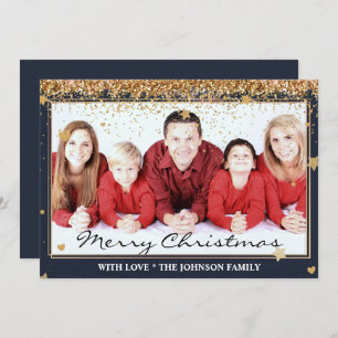 Merry Christmas Gold Glitter Frame Family Photo Holiday Card