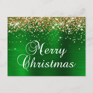 Merry Christmas Gold Glitter Green Foil Holiday Postcard