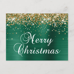 Merry Christmas Gold Glitter Hunter Green Foil Holiday Postcard