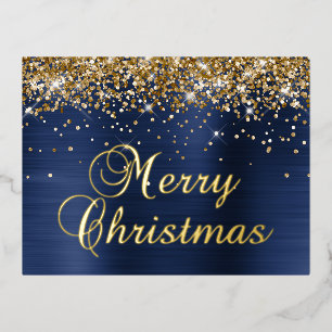 Merry Christmas Gold Glitter Navy Blue Glam Foil Holiday Postcard