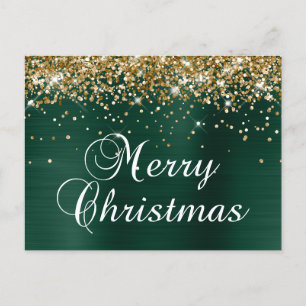 Merry Christmas Gold Glitter Pine Green Foil Holiday Postcard