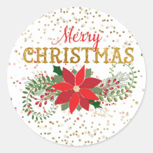 Merry Christmas Gold Glitter Poinsettia Classic Round Sticker