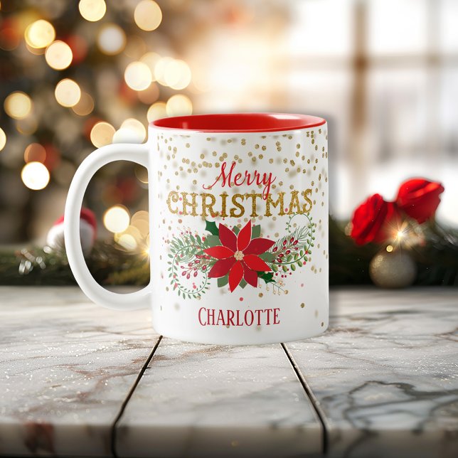 Merry Christmas Gold Glitter Poinsettia Two-Tone Coffee Mug (Merry Christmas Gold Glitter Poinsettia Two-Tone Coffee Mug)