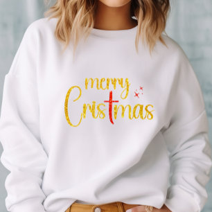 Merry Christmas Gold Glitter Red Christian Cross Sweatshirt