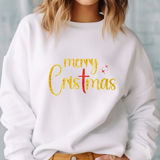 Merry Christmas Gold Glitter Red Christian Cross  Sweatshirt (Creator Uploaded)