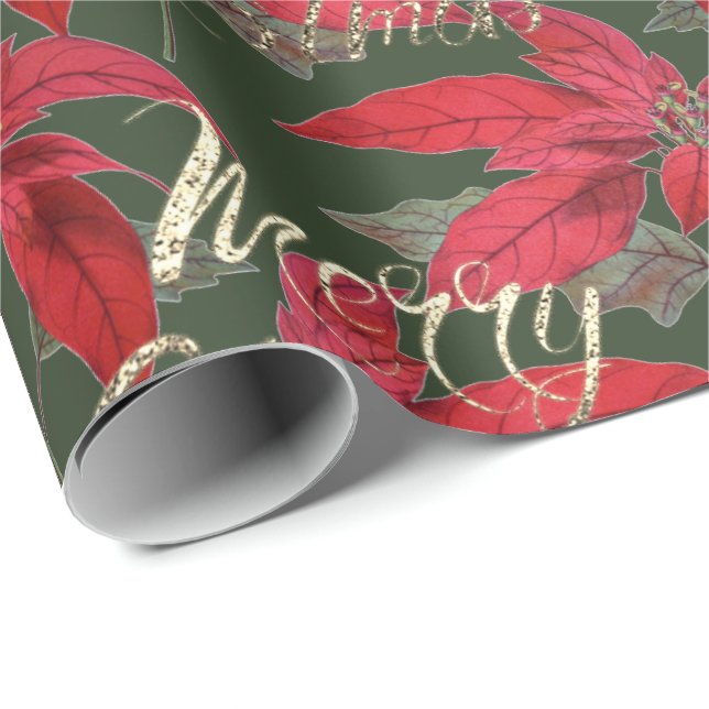 Merry Christmas Gold Glitter Script Floral Green Wrapping Paper (Roll Corner)