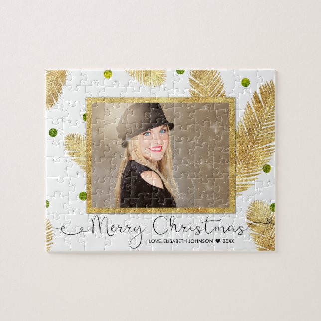 Merry Christmas Gold Glitter Script Photo - Puzzle (Horizontal)