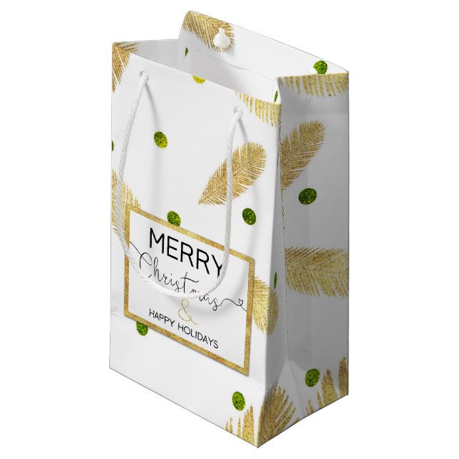 Merry Christmas Gold Glitter Script Small Gift Bag (Front Angled)