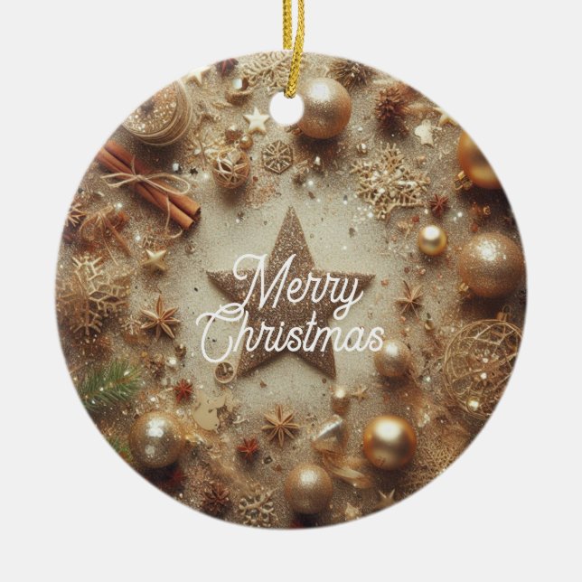 Merry Christmas Gold Glitter Star Ceramic Tree Decoration (Front)