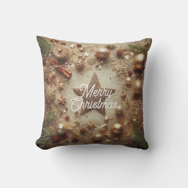 Merry Christmas Gold Glitter Star Cushion (Front)
