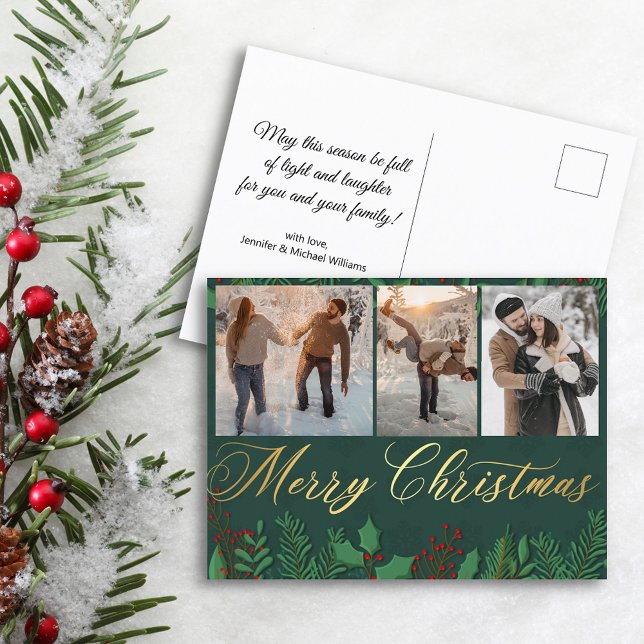 merry christmas gold green  3 photo collage couple postcard (Creator Uploaded)