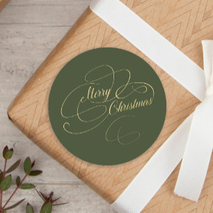 Merry Christmas gold green elegant script Classic Round Sticker