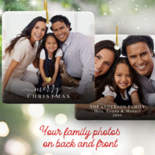 Merry Christmas Gold Heart Modern Script Photo Ceramic Ornament