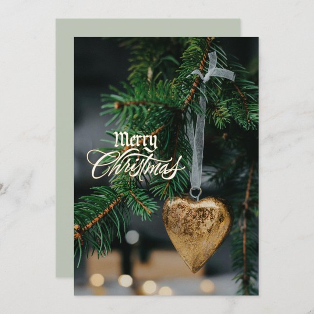 Merry Christmas Gold Heart Tree Ornament Holiday Card (Front/Back)