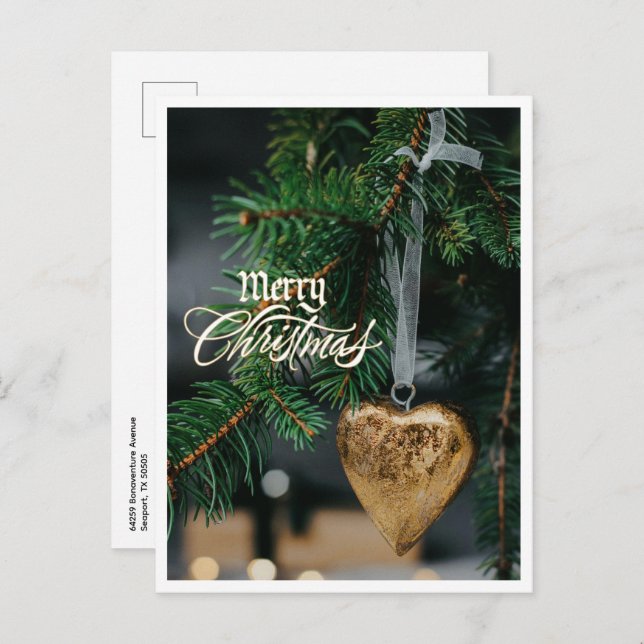 Merry Christmas Gold Heart Tree Ornament Postcard (Front/Back)