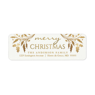 Merry Christmas Gold Holiday Holly Return Address