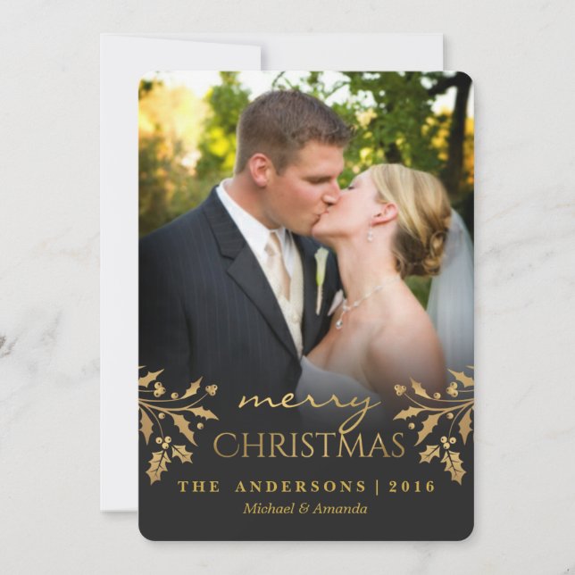 Merry Christmas Gold Holly Holiday Photo Card (Front)