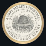 Merry Christmas Gold & Ivory Apiary Label<br><div class="desc">Vintage skep illustration with a few errant honey bees that have meandered to the edge of the sticker. Metallic Gold Border.</div>
