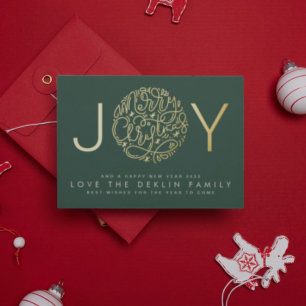 Merry Christmas Gold JOY photo back Green Leaf