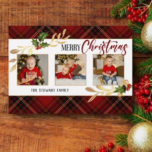 Merry Christmas Gold Leaves 3-Photo Red Tartan Holiday Card