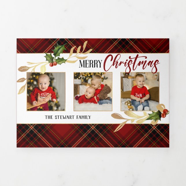 Merry Christmas Gold Leaves 3-Photo Red Tartan  Tri-Fold Holiday Card (Cover)