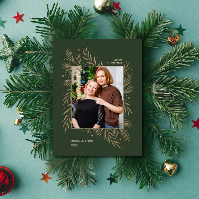 Merry Christmas Gold Leaves Family Photo Frame Holiday Postcard (A cozy holiday keepsake wrapped in gold leaves and warm wishes.)