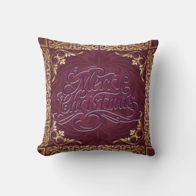 Merry Christmas Gold Maroon Decorative Pillow (Front)