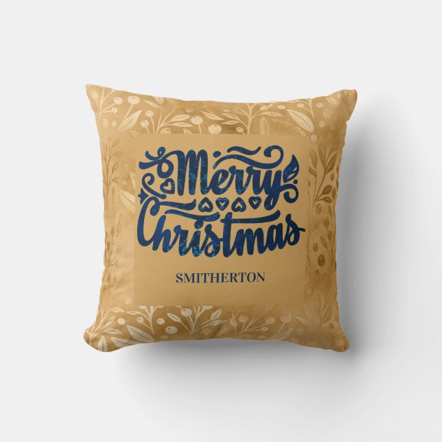 Merry Christmas Gold Navy Blue Brush Script Name Cushion (Front)