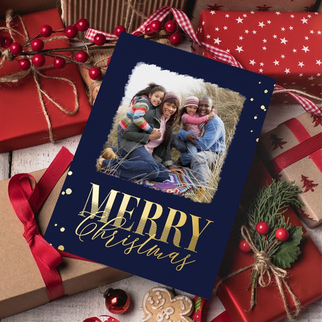 Merry Christmas Gold Navy Calligraphy Two Photo Foil Holiday Postcard (Gold foil stylish calligraphy and block lettering style photo postcard with navy blue background.)