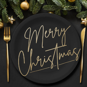 Merry Christmas Gold on Black Paper Plate