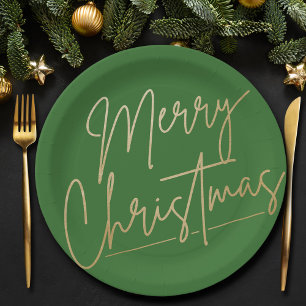 Merry Christmas Gold on Green Paper Plate