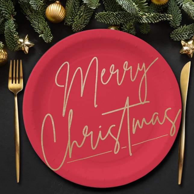 Merry Christmas Gold on Red Paper Plate (Gold Merry Christmas on Red Paper Plates)