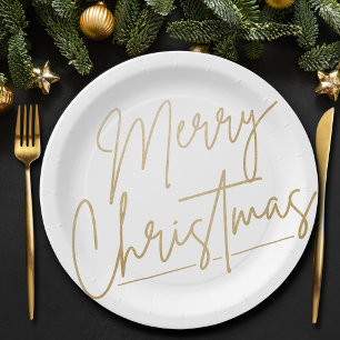 Merry Christmas Gold on White Paper Plate