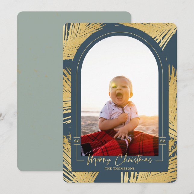 Merry Christmas Gold Palm Blue Beach Photo Holiday Card (Front/Back)