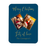 Merry Christmas Gold Photo Name Blue Magnet