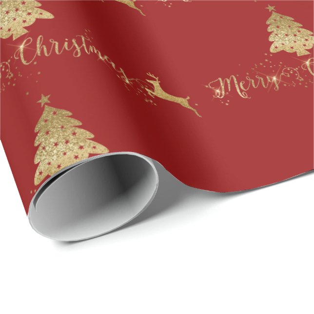 Merry Christmas Gold Red Pattern Typography Wrapping Paper (Roll Corner)